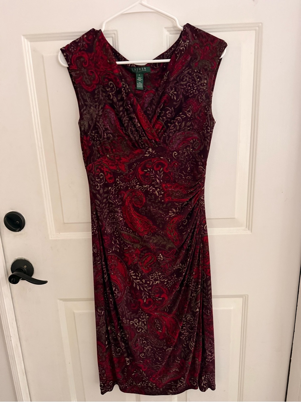 Lauren Ralph Lauren Burgundy and Red Paisley Faux-Wrap Midi Dress